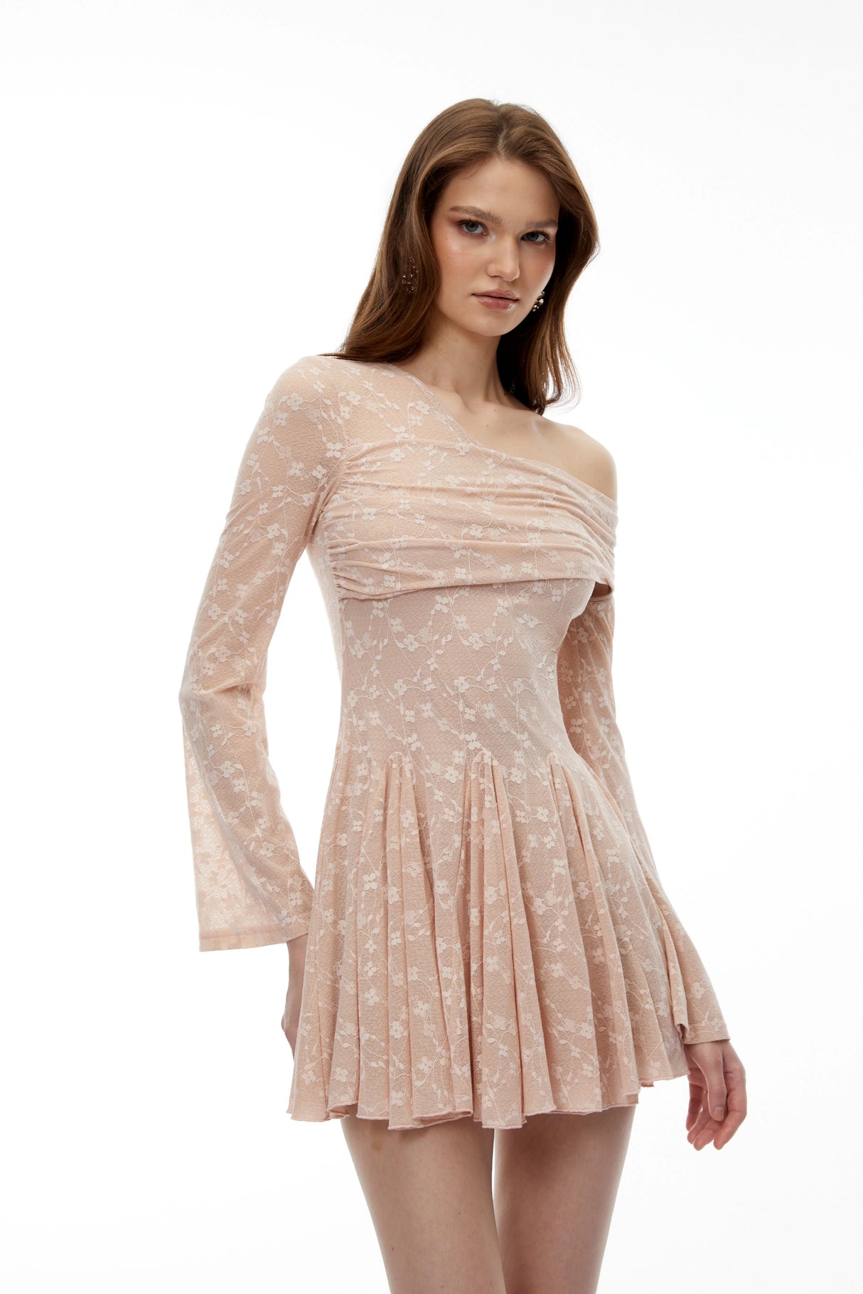 Rosalie Neutral One Shoulder Pleated Mini Dress