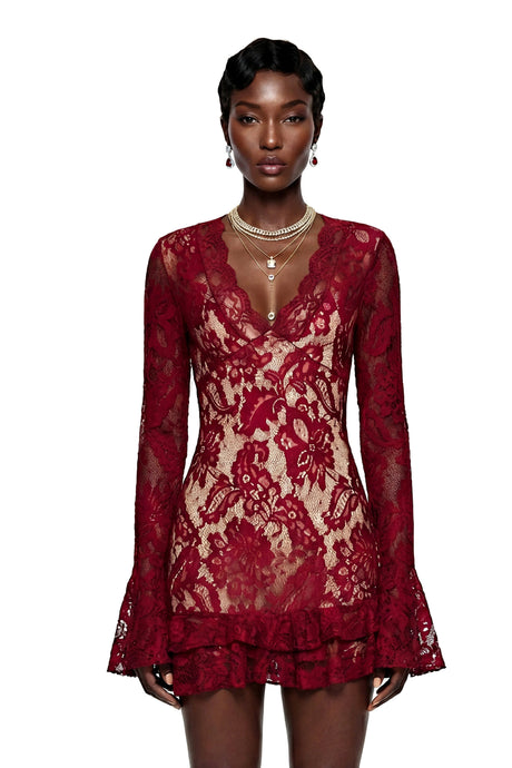 Pellegrina Mini Dress Red Floral Lace Asymmetrical