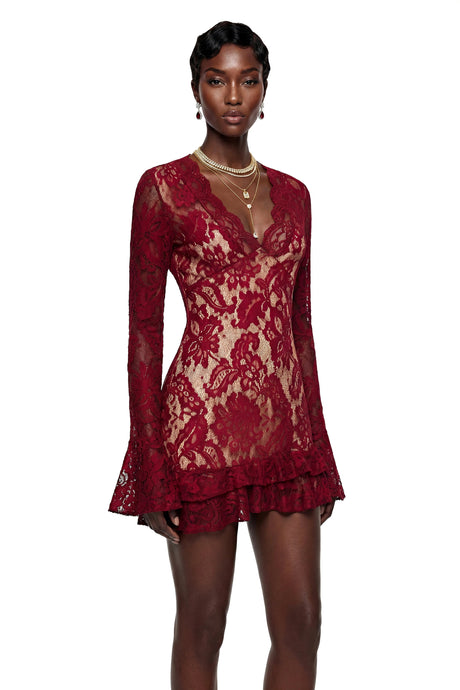 Pellegrina Mini Dress Red Floral Lace Asymmetrical