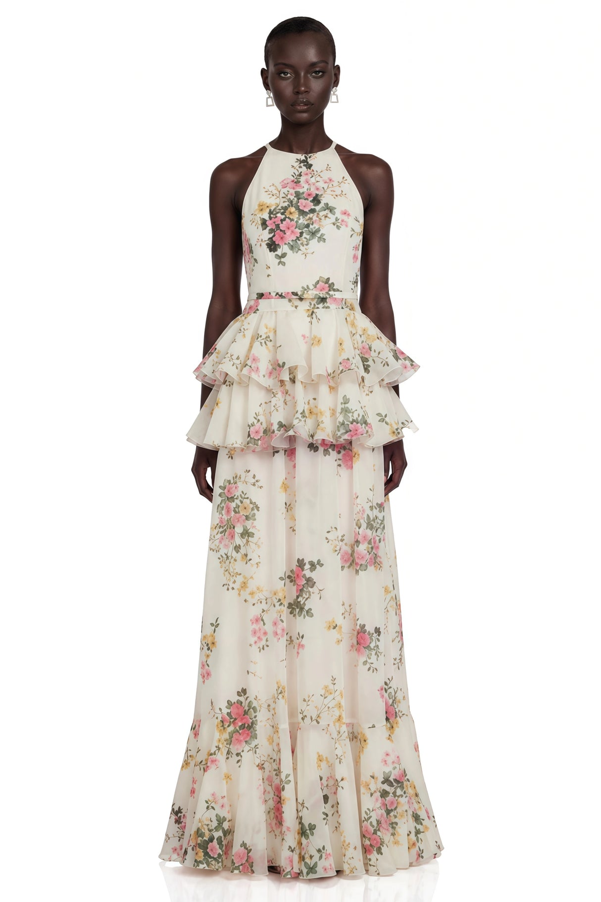 Rosalie White Floral Print Halterneck Tiered Maxi Dress