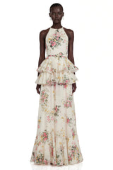 Rosalie White Floral Print Halterneck Tiered Maxi Dress
