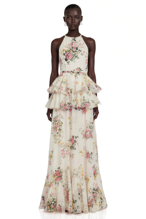 Rosalie White Floral Print Halterneck Tiered Maxi Dress
