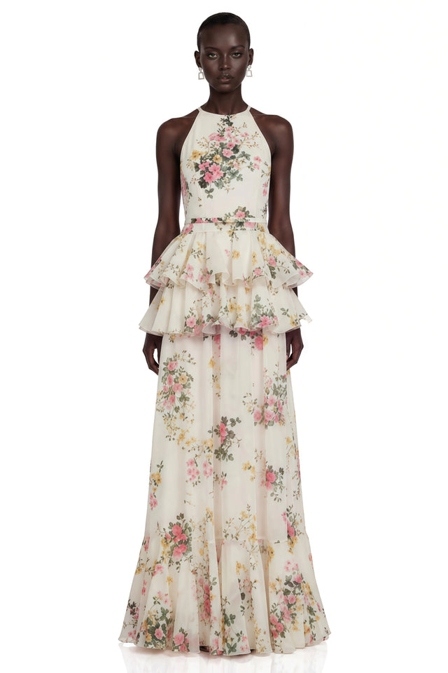 Rosalie White Floral Print Halterneck Tiered Maxi Dress