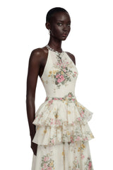 Rosalie White Floral Print Halterneck Tiered Maxi Dress