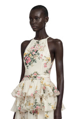 Rosalie White Floral Print Halterneck Tiered Maxi Dress