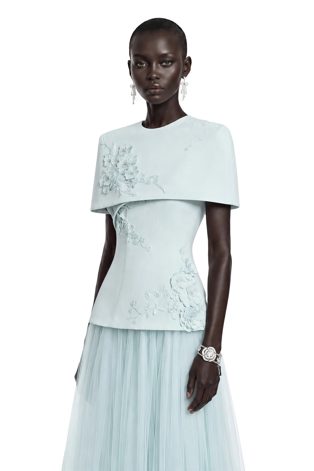Rosalind Blue Floral Top  Mesh Skirt Set with Cape