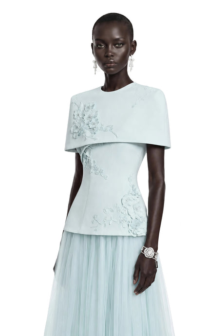 Lorelei Blue Floral Top & Mesh Skirt Set with Cape