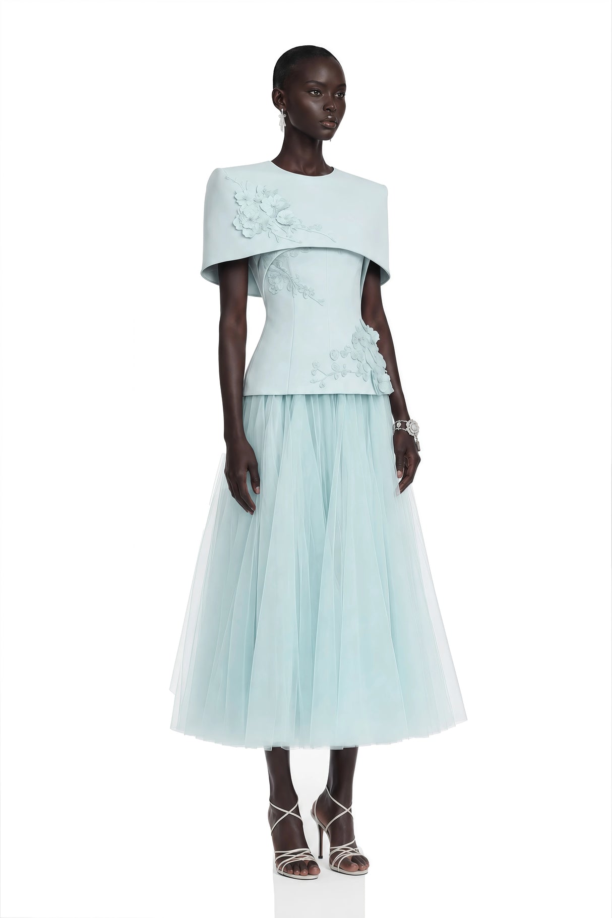 Rosalind Blue Floral Top  Mesh Skirt Set with Cape