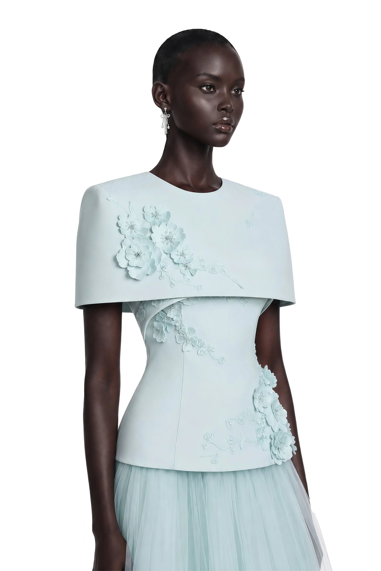 Rosalind Blue Floral Top  Mesh Skirt Set with Cape