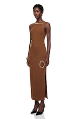 Rosalind Chocolate Brown Open Back Embellished Maxi Dress