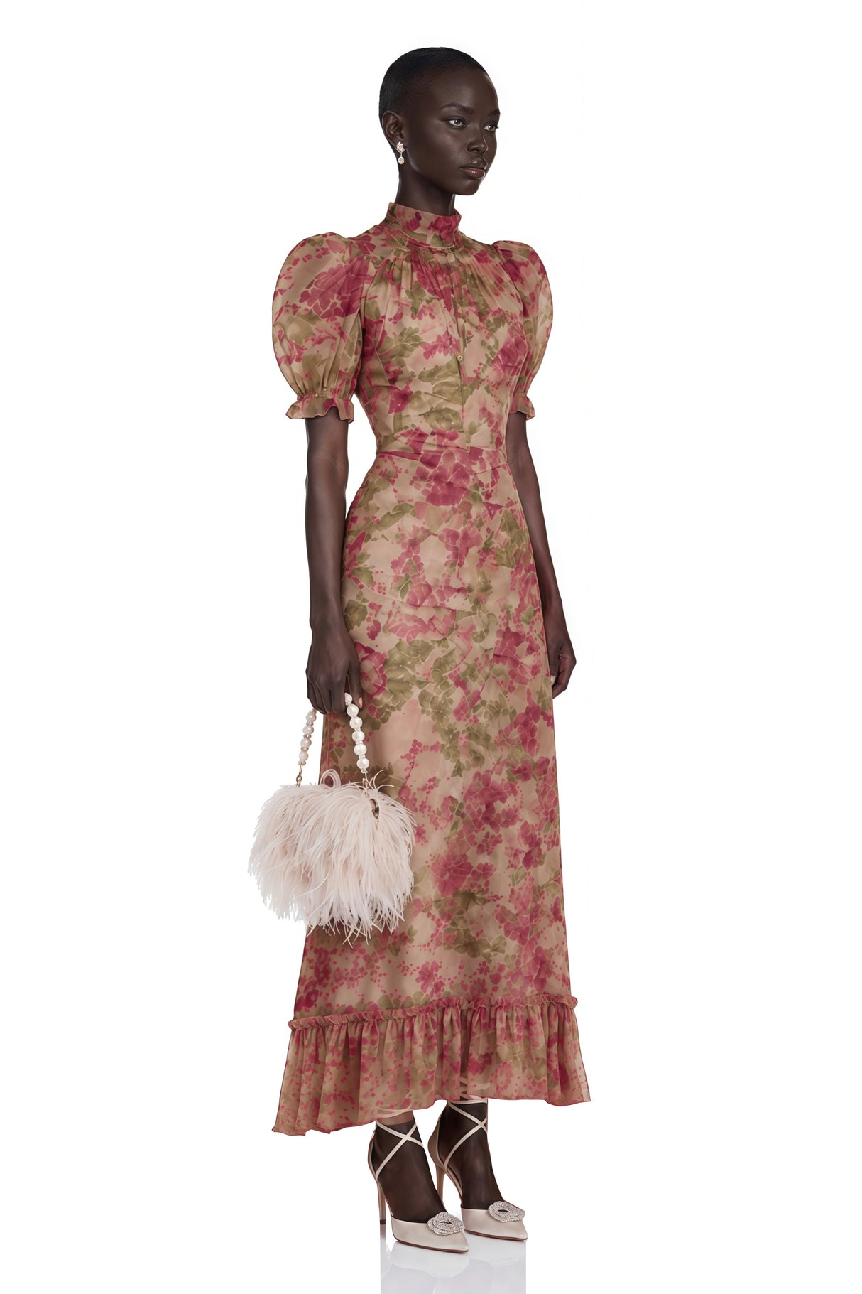 Rosalind Pink Mock Neck Puff Sleeve Floral Maxi Dress