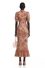 Rosalind Pink Mock Neck Puff Sleeve Floral Maxi Dress