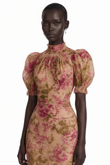 Rosalind Pink Mock Neck Puff Sleeve Floral Maxi Dress