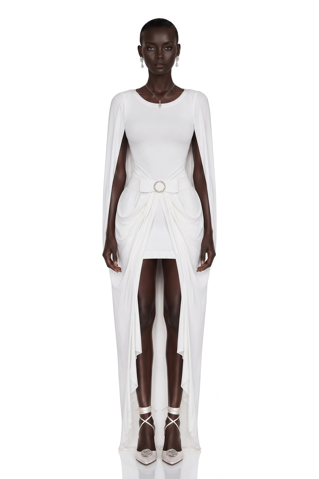 Rosalind White Round Neck Draped Mini Dress With Bow