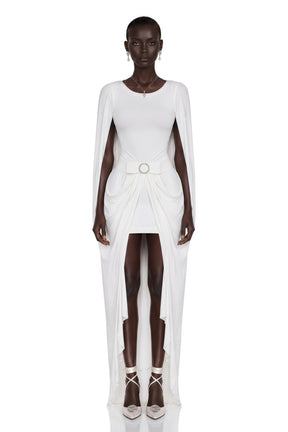 Rosalind White Round Neck Draped Mini Dress With Bow