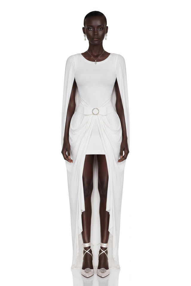 Rosalind White Round Neck Draped Mini Dress With Bow