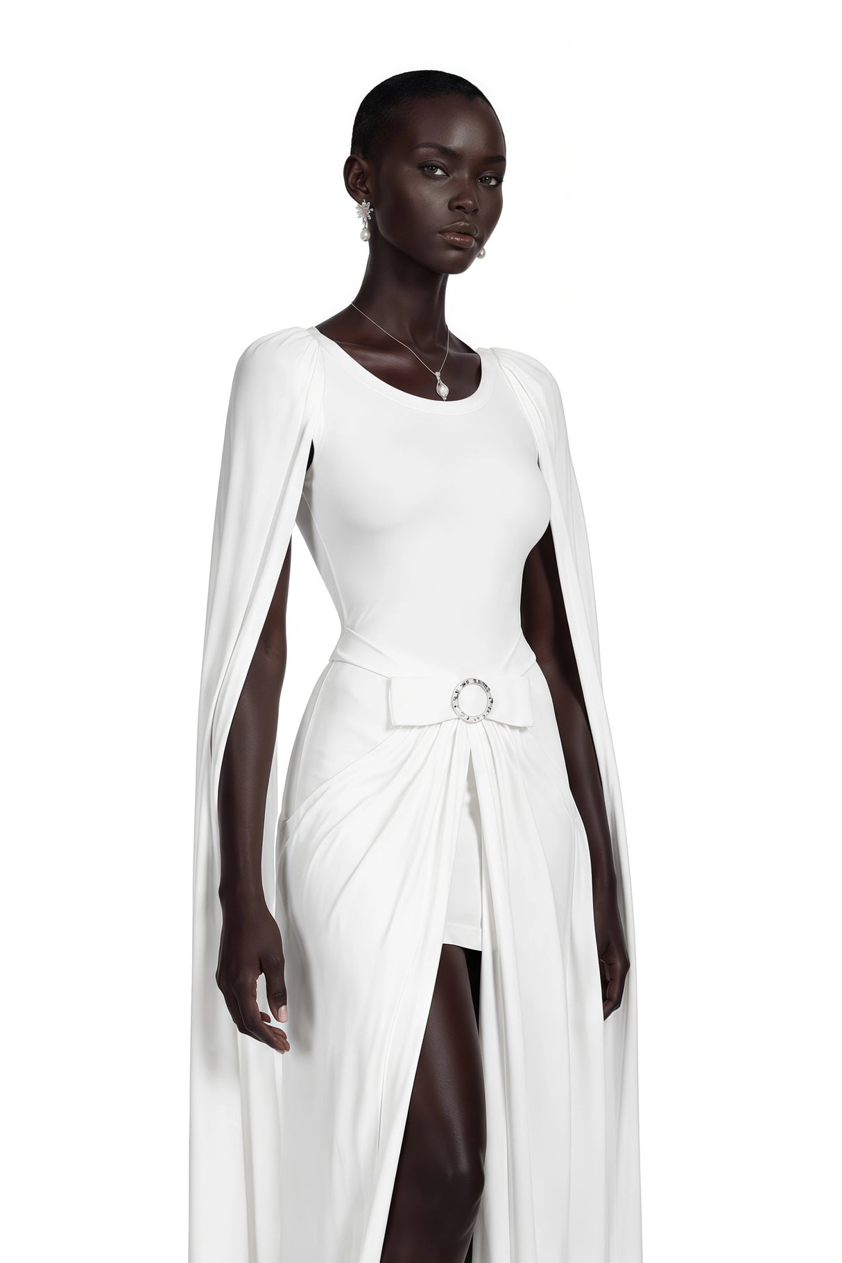 Rosalind White Round Neck Draped Mini Dress With Bow