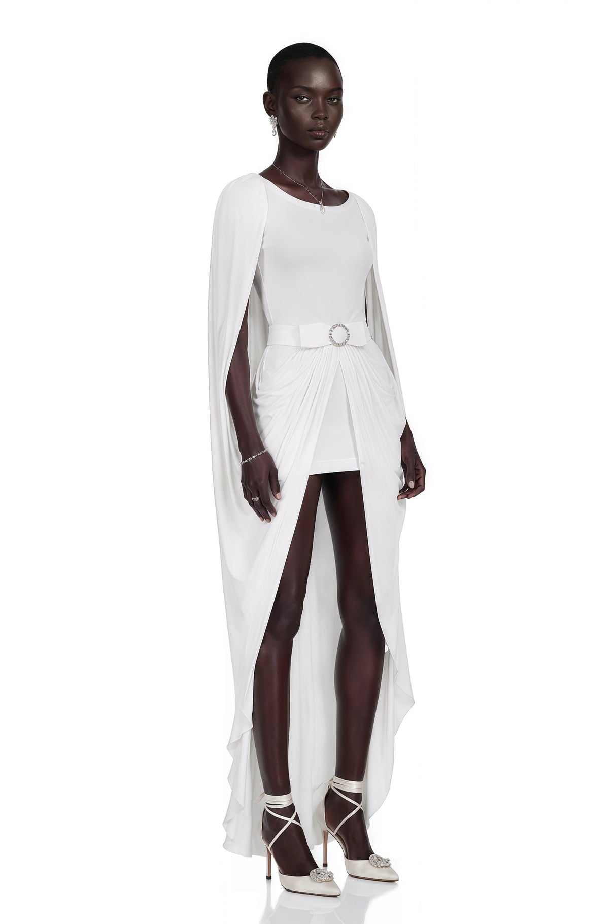 Rosalind White Round Neck Draped Mini Dress With Bow