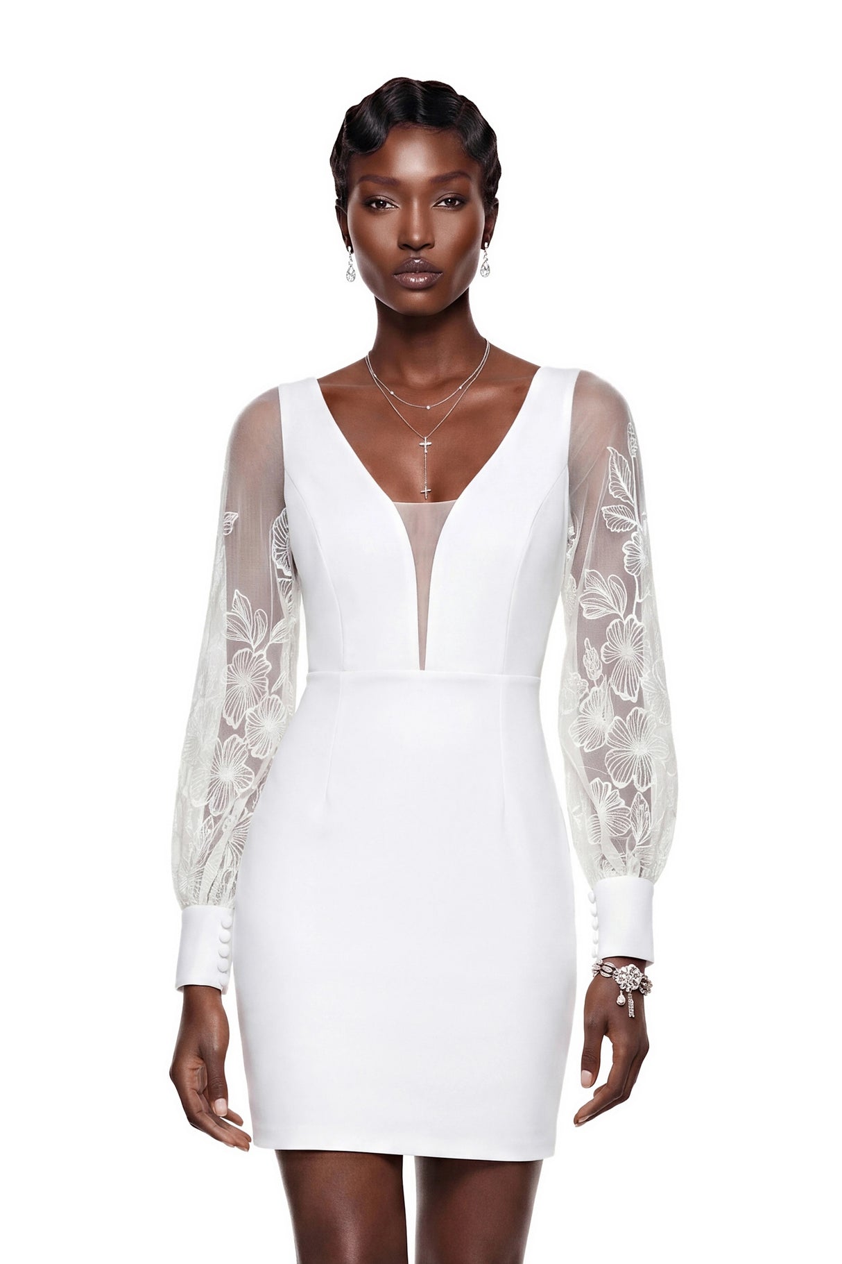 Rosalind White VNeck Puff Sleeve Mini Dress
