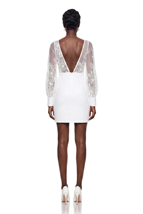 Tiffany Mini Dress White V-Neck Puff Sleeve