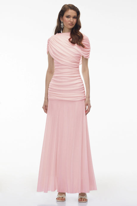 Gaetana Maxi Dress Pink Crew Neck Ruched