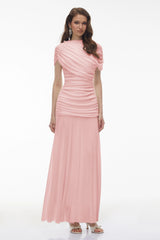 Rosalyn Pink Crew Neck Ruched Maxi Dress