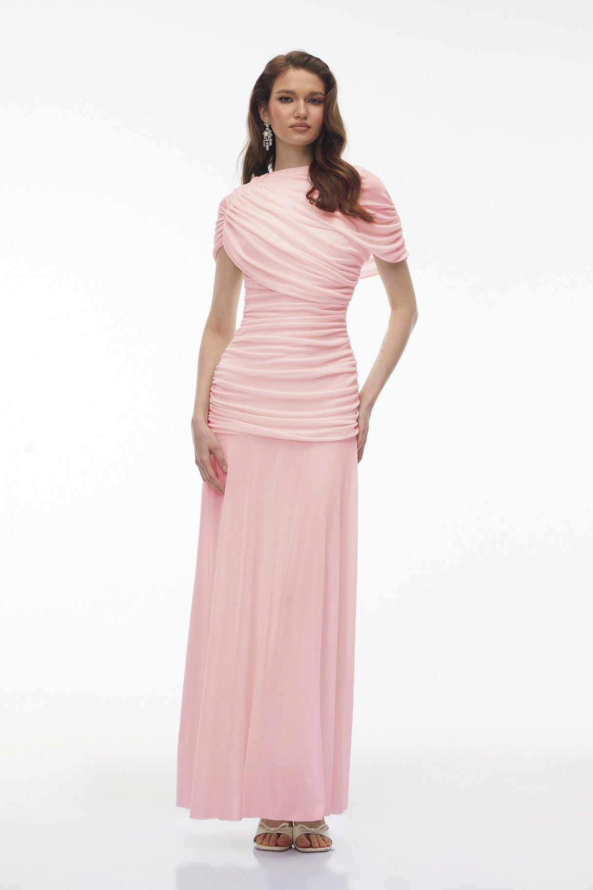 Rosalyn Pink Crew Neck Ruched Maxi Dress