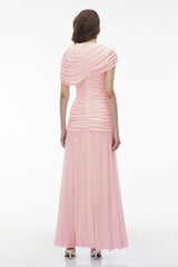 Rosalyn Pink Crew Neck Ruched Maxi Dress