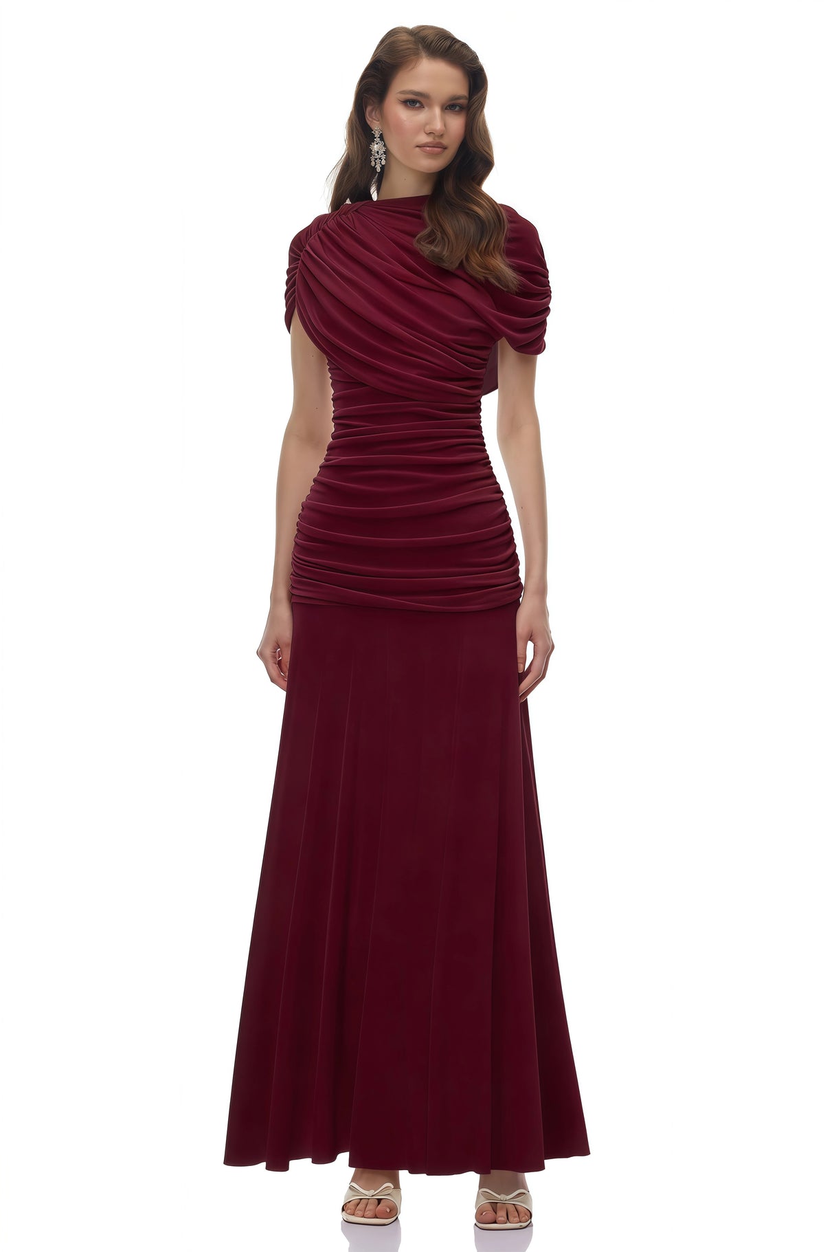 Rosalyn Red Crew Neck Ruched Maxi Dress