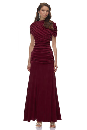 Rosalyn Red Crew Neck Ruched Maxi Dress