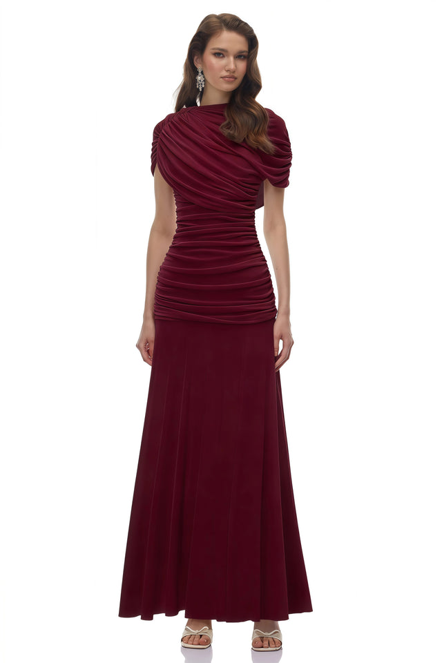 Rosalyn Red Crew Neck Ruched Maxi Dress