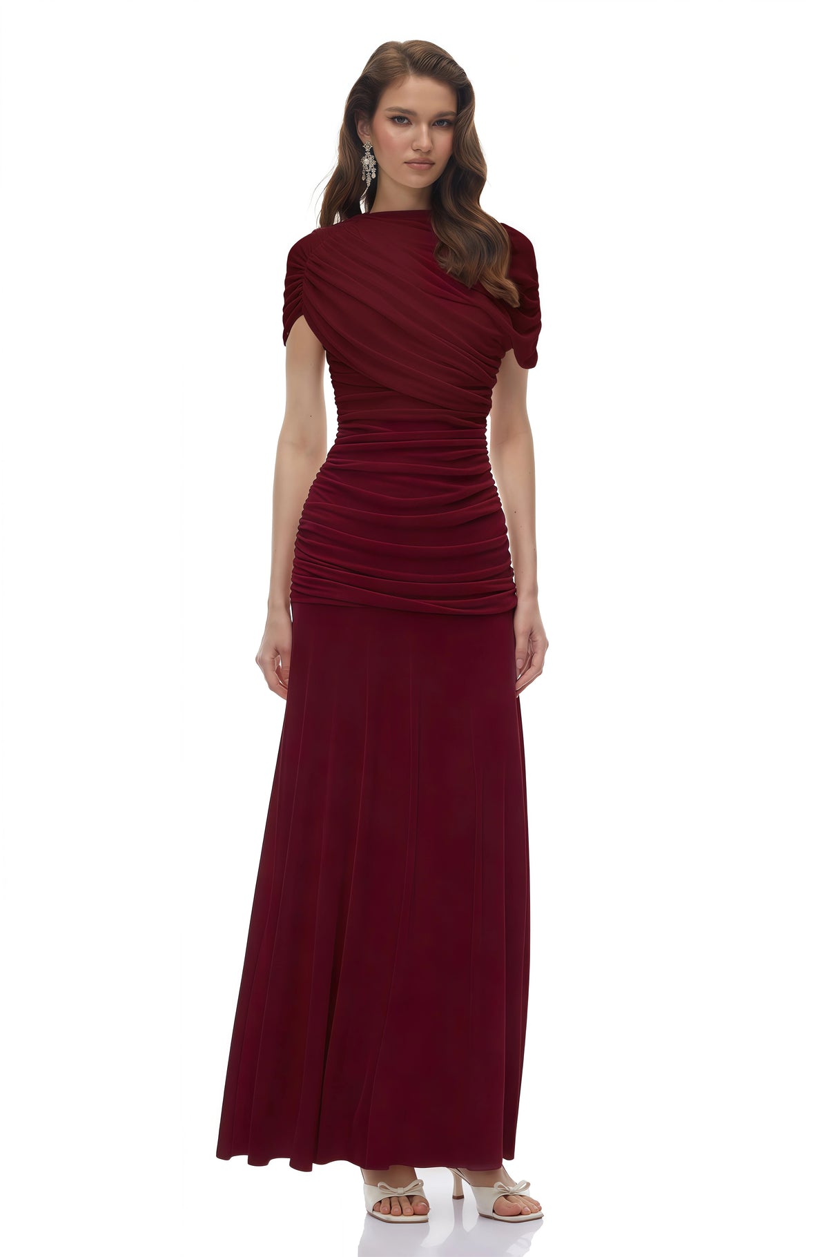 Rosalyn Red Crew Neck Ruched Maxi Dress