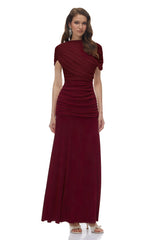 Rosalyn Red Crew Neck Ruched Maxi Dress