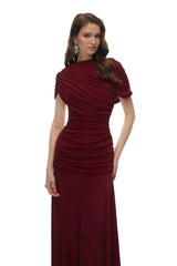 Rosalyn Red Crew Neck Ruched Maxi Dress