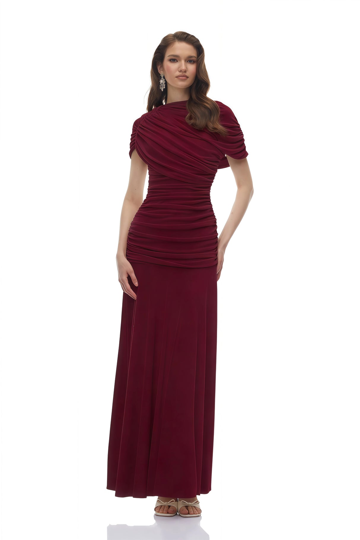 Rosalyn Red Crew Neck Ruched Maxi Dress