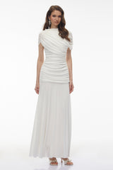Rosalyn White Crew Neck Ruched Maxi Dress