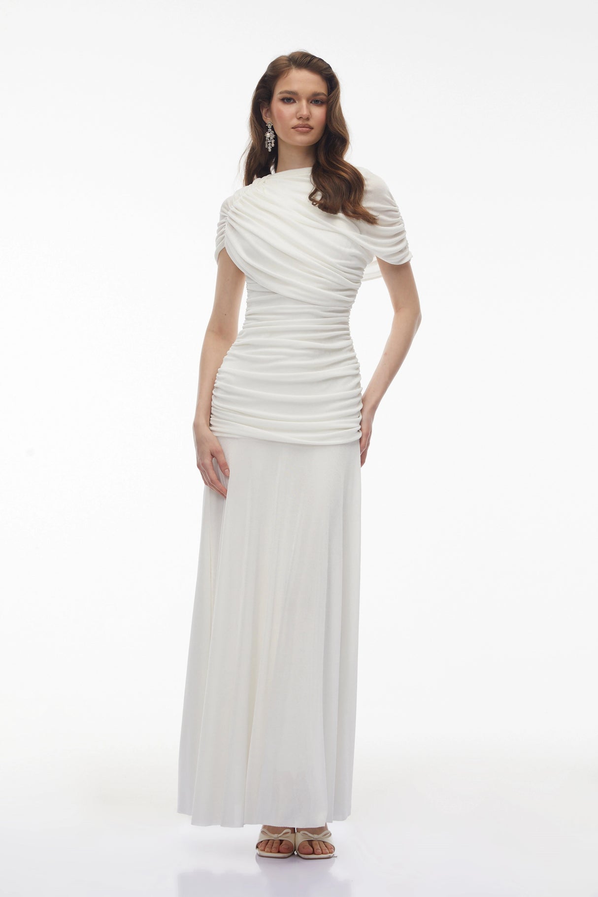 Rosalyn White Crew Neck Ruched Maxi Dress