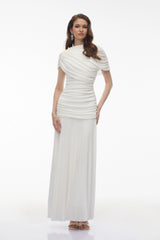 Rosalyn White Crew Neck Ruched Maxi Dress
