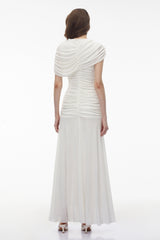 Rosalyn White Crew Neck Ruched Maxi Dress