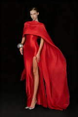 Rosana Red Tiered Cape Maxi Dress with High Slit