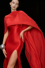 Rosana Red Tiered Cape Maxi Dress with High Slit