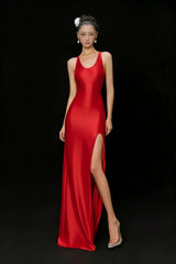 Rosana Red Tiered Cape Maxi Dress with High Slit