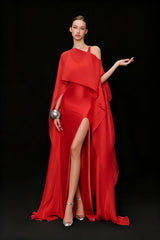 Rosana Red Tiered Cape Maxi Dress with High Slit