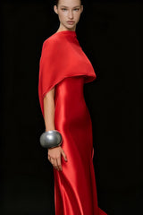 Rosana Red Tiered Cape Maxi Dress with High Slit