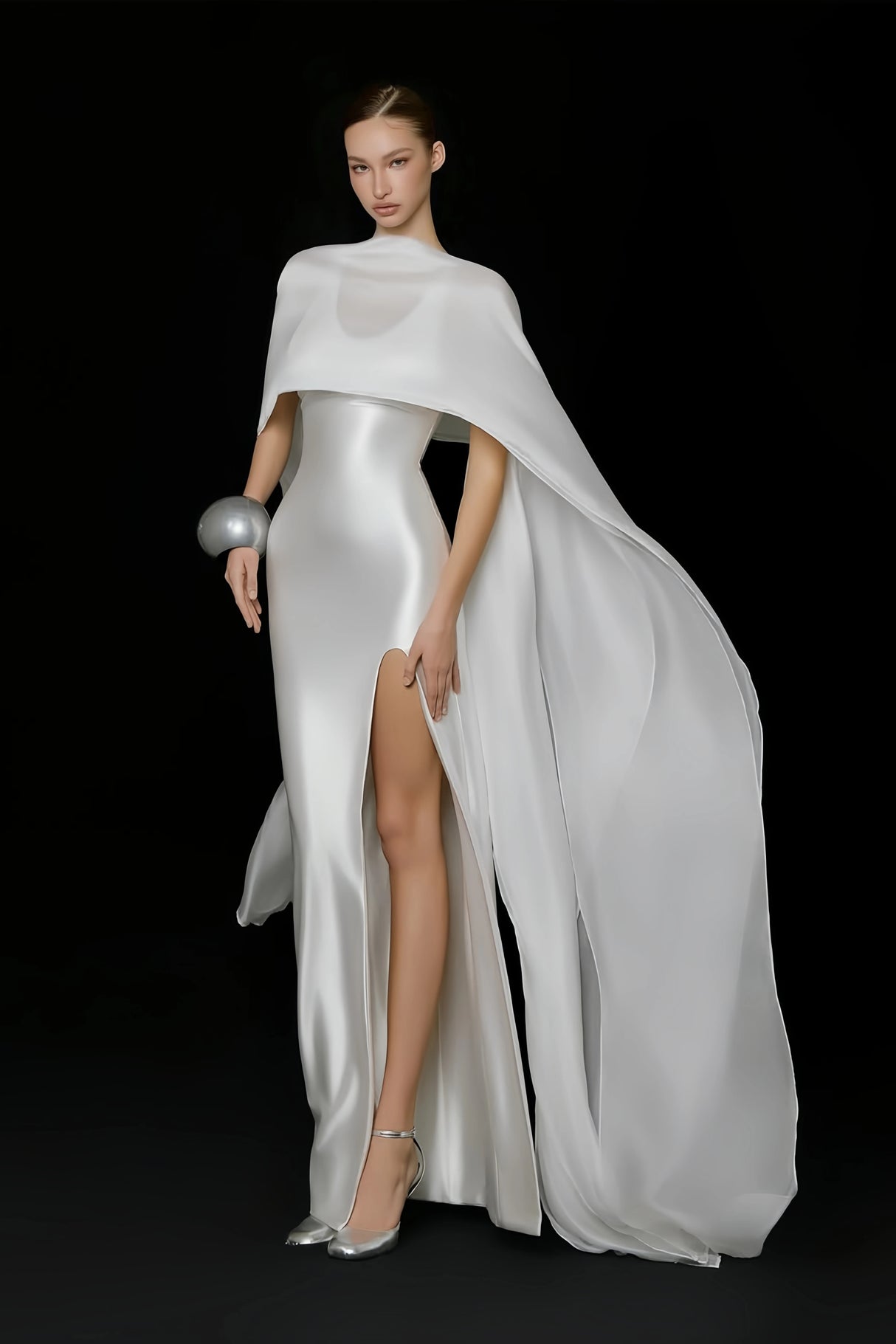 Rosana White Tiered Cape Maxi Dress with High Slit