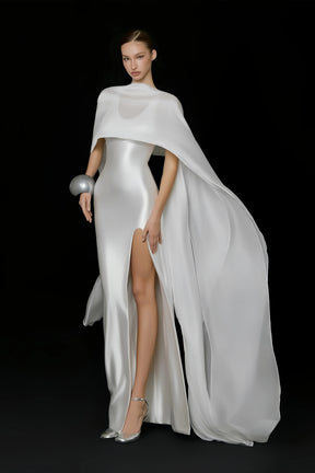 Rosana White Tiered Cape Maxi Dress with High Slit