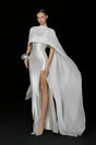 Rosana White Tiered Cape Maxi Dress with High Slit
