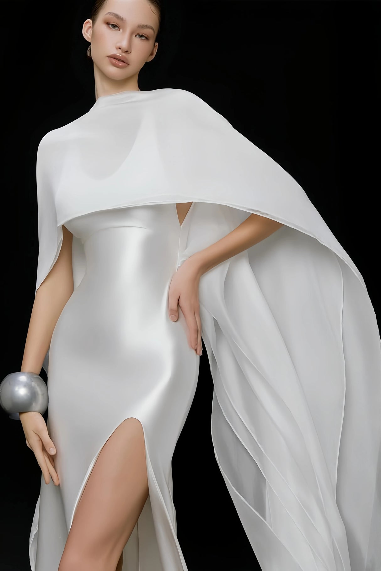 Rosana White Tiered Cape Maxi Dress with High Slit