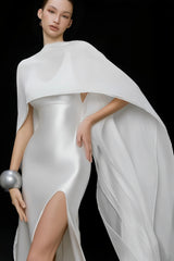 Rosana White Tiered Cape Maxi Dress with High Slit