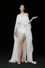 Rosana White Tiered Cape Maxi Dress with High Slit
